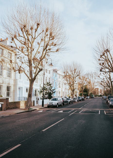 A quiet residential street scene showing a row of light-colored Victorian terraced houses with bay windows and decorative facades, situated on the left side of the image. Several leafless trees with b